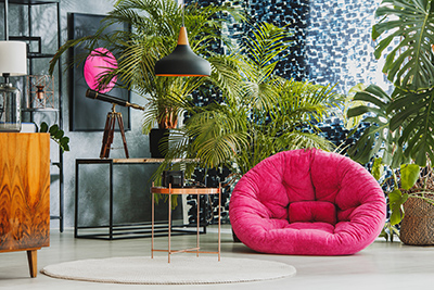 Plantes vertes, palmier, télescope et fauteuil rose dans une pièce